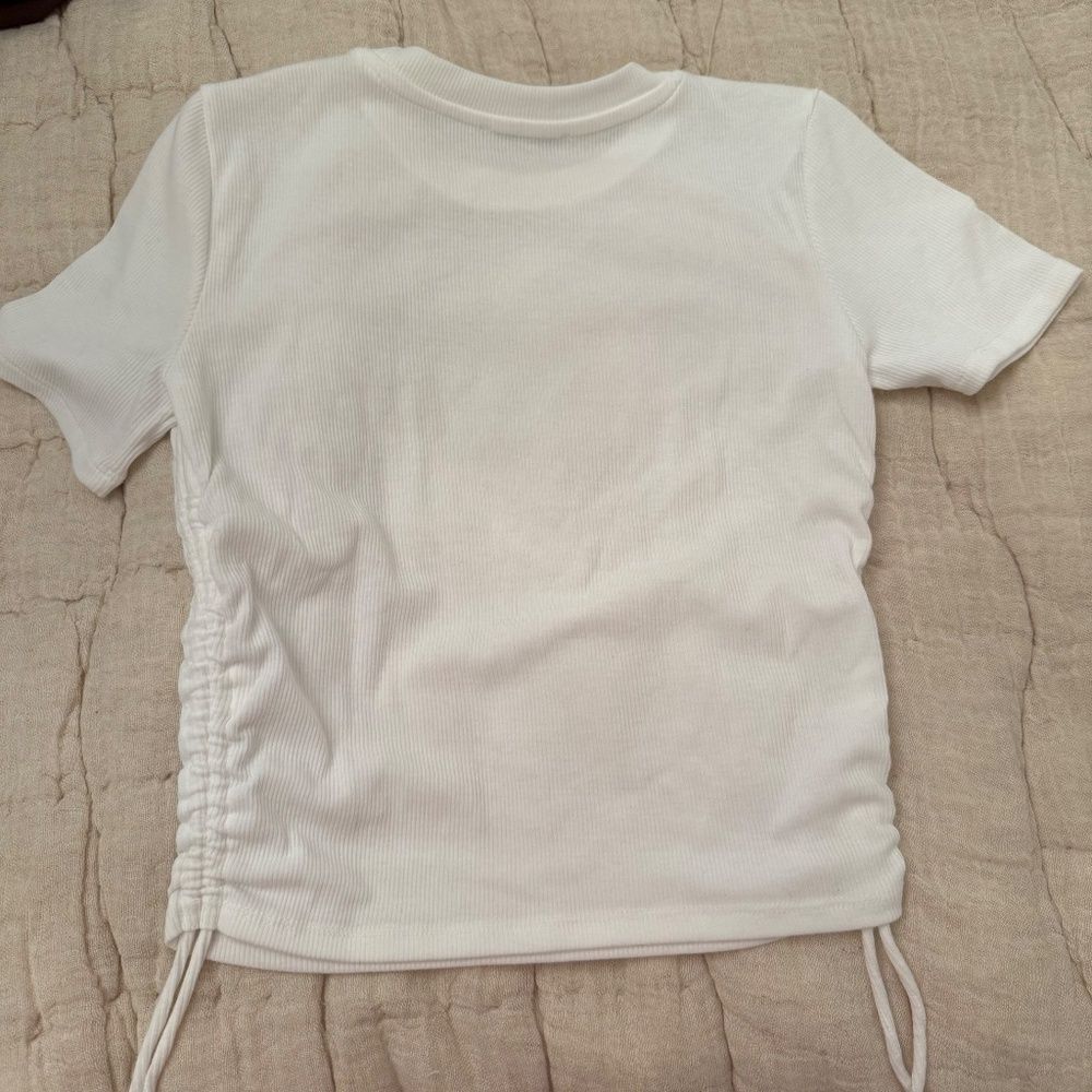 ZARA White Ribbed Ruched Short Sleeve Top - Picture 5 of 5